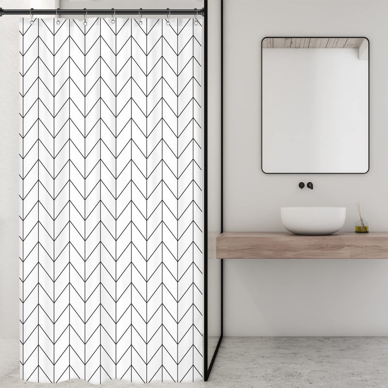 Riyidecor Small Stall 36Wx72H Inch Shower Curtain,Narrow RV Walkin Black White Herringbone Modern Bathroom Curtains,Half Stand Up Zig Zag Chevron Camper Bathroom Accessories Waterproof Fabric 7 Hooks - Image 3